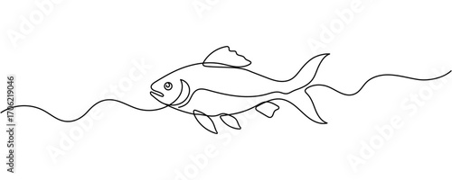 Salmon fish in One continuous line drawing. Fresh seafood in linear sketch style on white background. Vector illustration Editable stroke