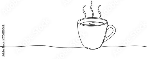A cup of hot tea or coffee continuous line art. Hot drink with steam. Vector isolated on white. Editable stroke