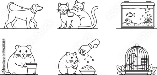 Pet Silhouettes in Six Cartoon Scenes Featuring Dogs, Cats, Hamsters, Birds, and Fish for Family and Design-Themed Content