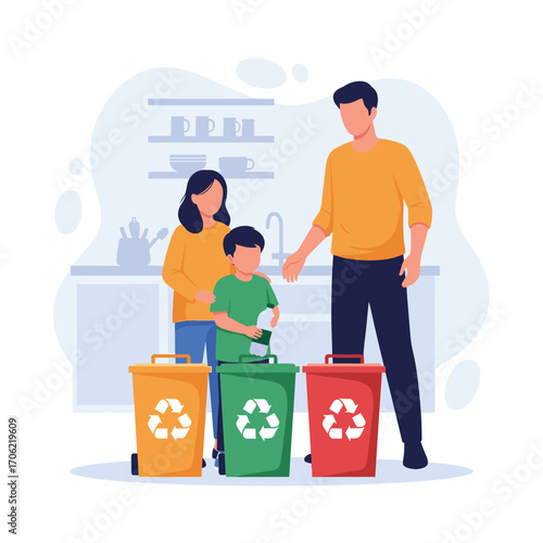 Family Sorting Waste for Recycling in a Modern Kitchen.