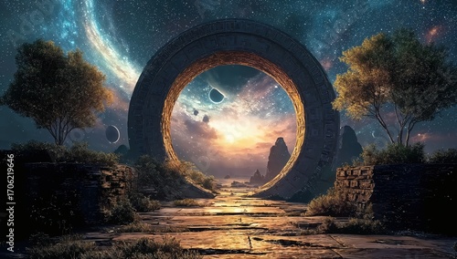 Una imagen de un portal antiguo que se abre a una vista impresionante del espacio exterior.