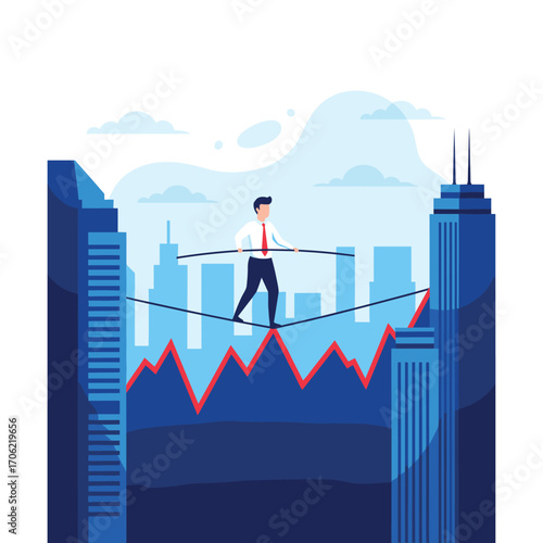 Businessman balancing on tightrope between skyscrapers above stock market graph.