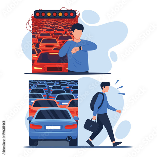 Man checks watch in traffic jam and walks past cars.