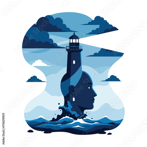 Lighthouse in head symbolizing guidance and mental clarity.