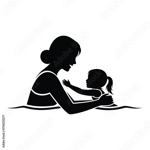 Mother teaching child swimming embrace water fun silhouette artistic concept silhouette