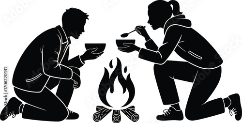 Camping couple eating soup near campfire, outdoor adventure meal, winter travel food scene, hikers enjoying warm food, wilderness cooking experi