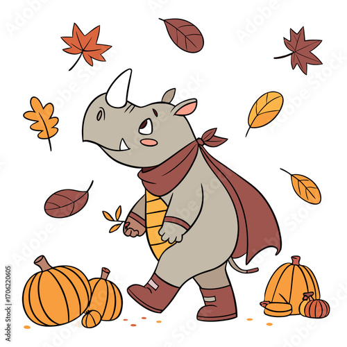 Charming SVG of a Playful Rhino featuring wearing a cape, styled in a Autumn theme with Autumn Leaves hues