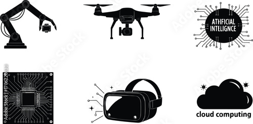 Technology Silhouettes Featuring Robotics, Drones, AI, Microchips, VR, and Cloud Computing for Innovation, STEM, and Futuristic Design Content