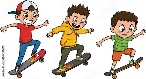 Cartoon boys skateboarding with fun expressions, colorful urban activity, perfect for sports-themed children illustrations, action poses, and character design