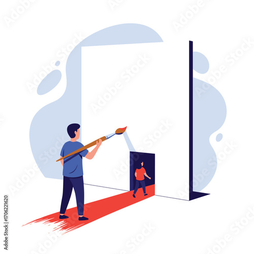 Man painting a giant canvas with a small person entering a door.