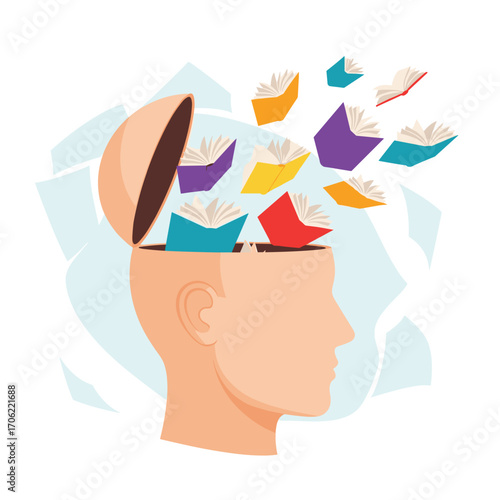 Books Flying Out of Open Head Symbolizing Knowledge and Learning.