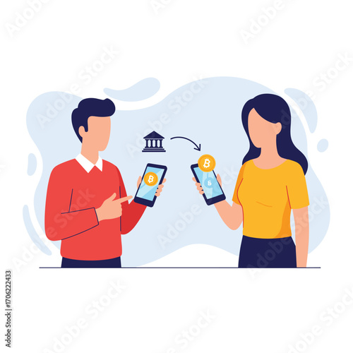 Mobile banking transaction between two people using smartphones.