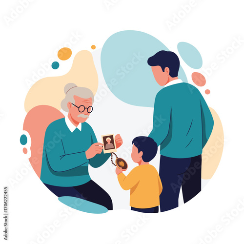 Grandmother showing old photos to grandson and father.