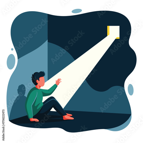 Man Reaching Towards Light Coming From Square Opening.