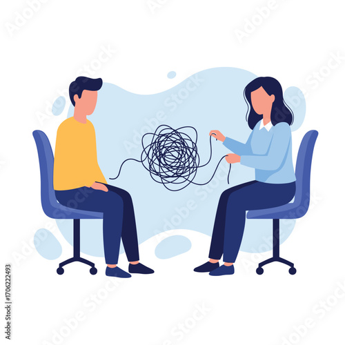 Therapist helping patient untangle mental health issues with counseling session.