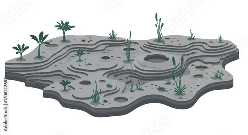 Isometric desert landscape with layered rock formations and sparse vegetation