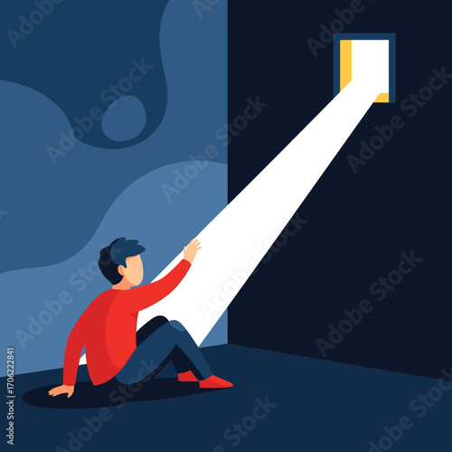 Man Reaching for Light Coming Through Window.