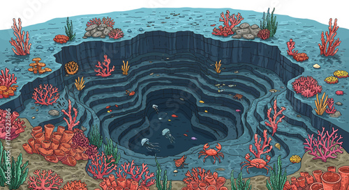 Vibrant coral reef ecosystem with marine life in detailed cartoon style