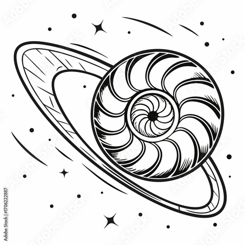 Stylized nautilus shell planet with rings and stars in outer space