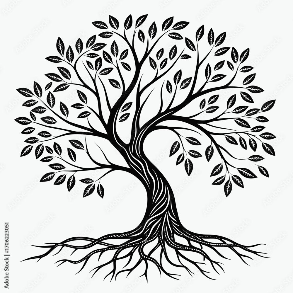 Obraz premium Stylized black and white illustration of a tree with visible roots and leaves