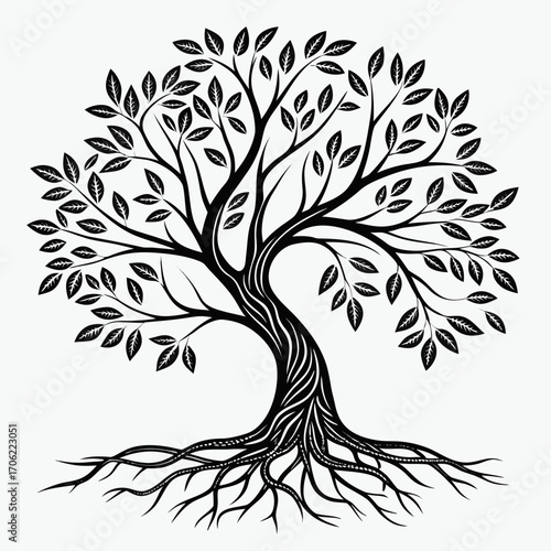 Stylized black and white illustration of a tree with visible roots and leaves