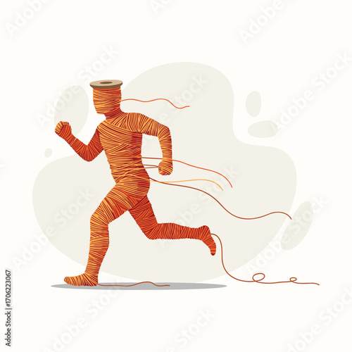 Man wrapped in orange thread running with thread trailing behind him.