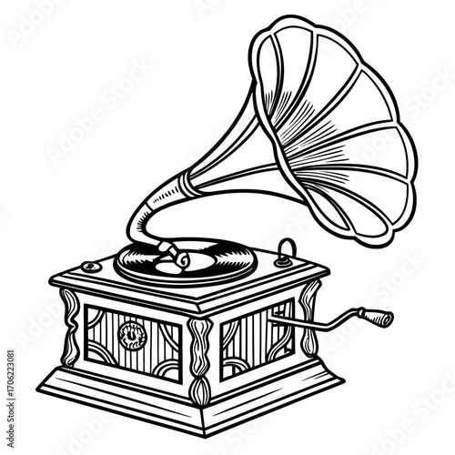 Vintage gramophone with horn and crank on white background illustration
