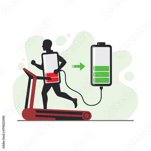 Man Running on Treadmill Charging Battery Energy Concept.
