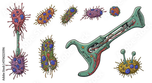 Futuristic biological machines: surreal alien microorganisms and robotic symb…