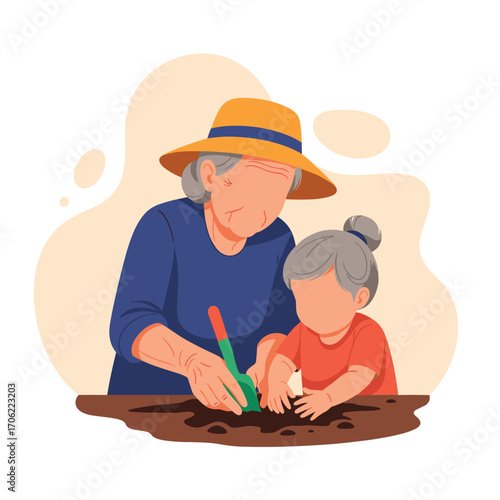 Grandmother and granddaughter planting together in the garden.