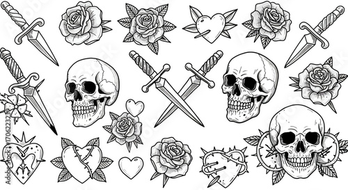 Vintage tattoo designs: skulls, daggers, and roses in monochrome style