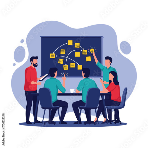 Team brainstorming session with sticky notes on a board.