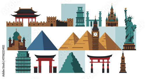 Global landmark icons collection in flat retro style for travel and history t…