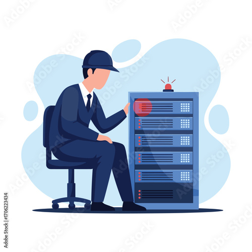Man in suit working on server rack with red alert light.