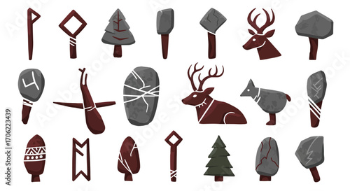 Nordic symbols and animal figures in flat stone carving style