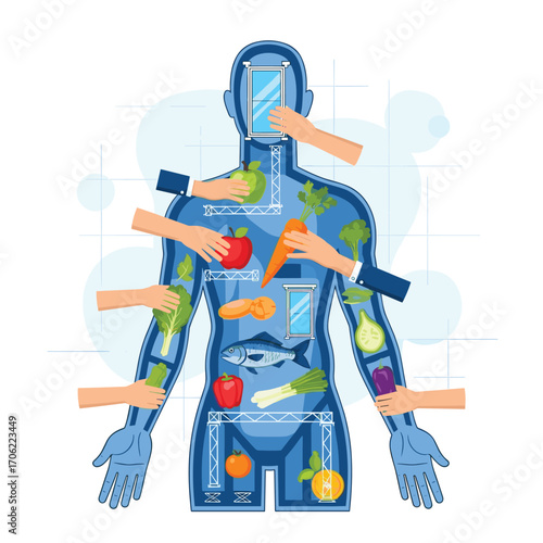 Healthy Eating and Nutrition Concept with Human Body and Fresh Foods.