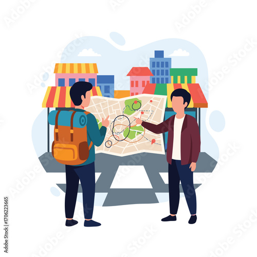 Two men looking at a map in a city street.