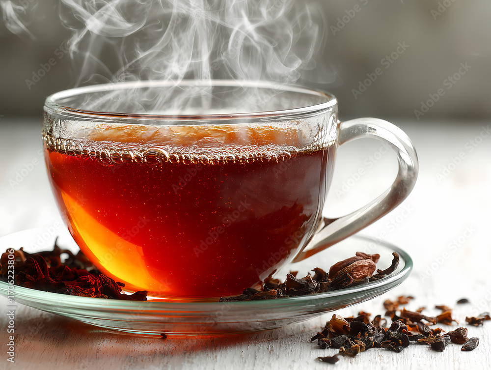 Fototapeta premium cup of hot tea with steam on white background