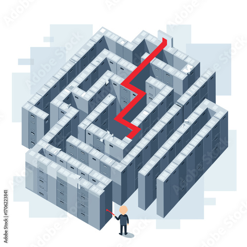 Businessman navigating a complex maze with a red arrow showing the path.