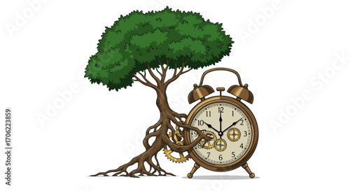 Surreal tree and alarm clock fusion: nature meets mechanics in harmony
