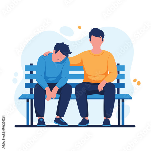 Man comforting sad friend on bench showing empathy and support.