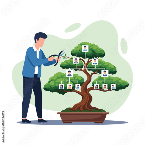 Man Pruning Bonsai Tree with Family Tree Structure.