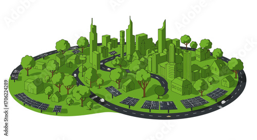 Eco-friendly urban design with solar solutions in green isometric style