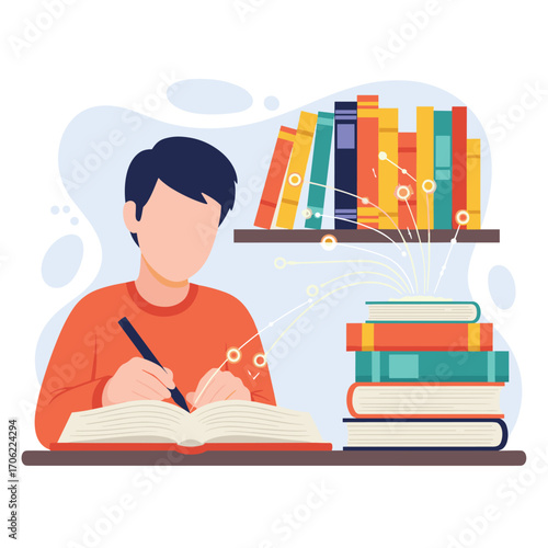 Young student studying diligently at a desk with books.