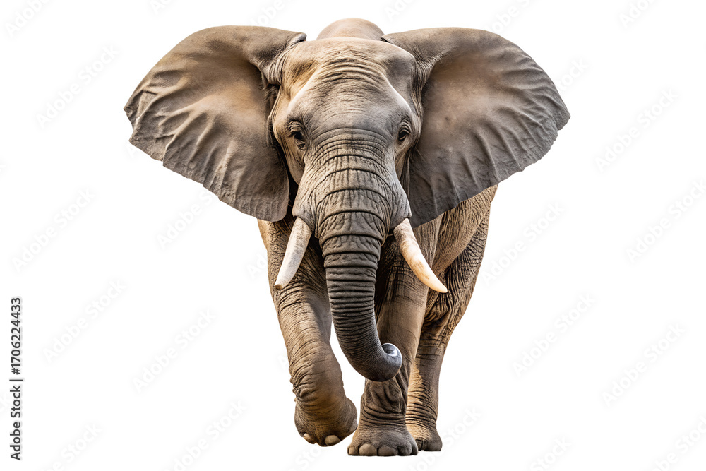 Fototapeta premium Majestic African elephant walking forward towards the camera, a powerful and traditional symbol of the wild, isolated on a clean white background