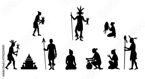 Ancient ritual silhouettes set: tribal figures and cultural symbols