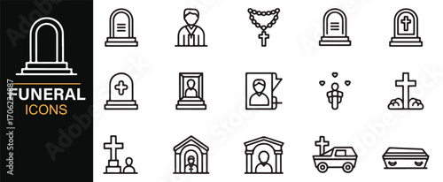 Editable line funeral icons set for religion, remembrance, and burial ceremony use