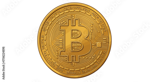 Golden bitcoin coin with circuit design on white background