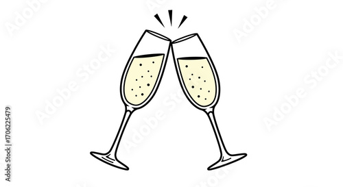 Minimalist champagne toast with sparkles in linear style