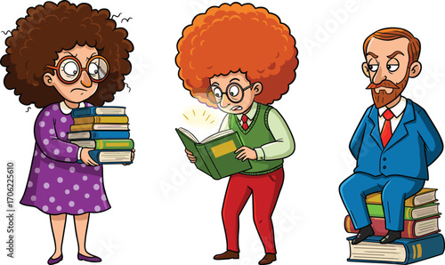 Cartoon man and two women with glasses reading, holding books, serious expressions, quirky characters, colorful clothing, funny illustration vector